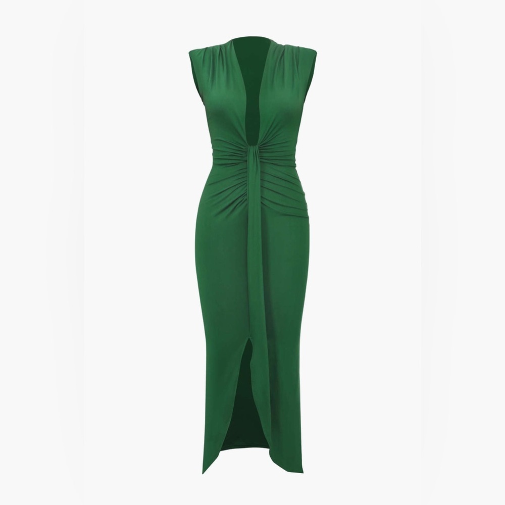 Micas Green Deep V-Neck Sleeveless Midi Dress Fall Wedding Siren NWOT Cocktail - Picture 6 of 9